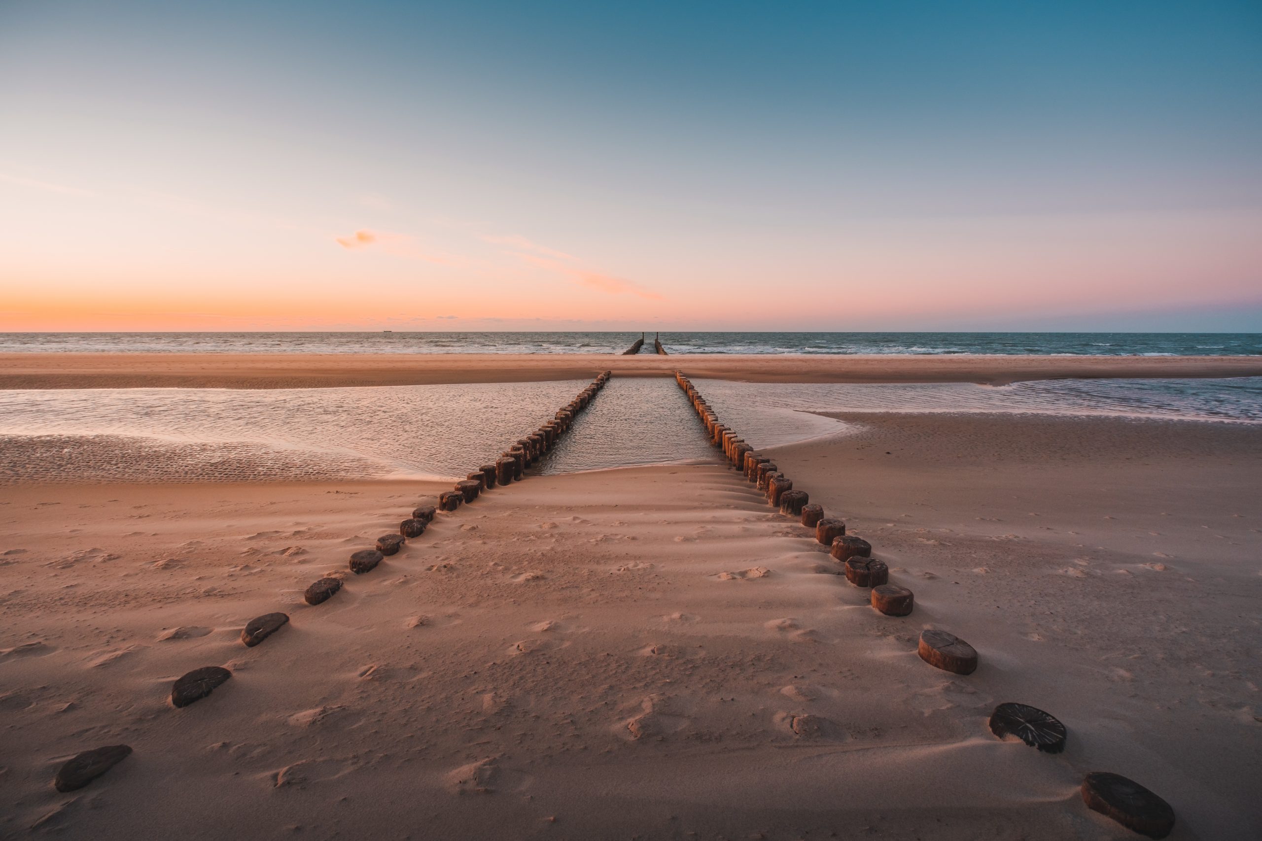 View of logs of wood covered under the sand on the beach captured in Oostkapelle, Netherlands